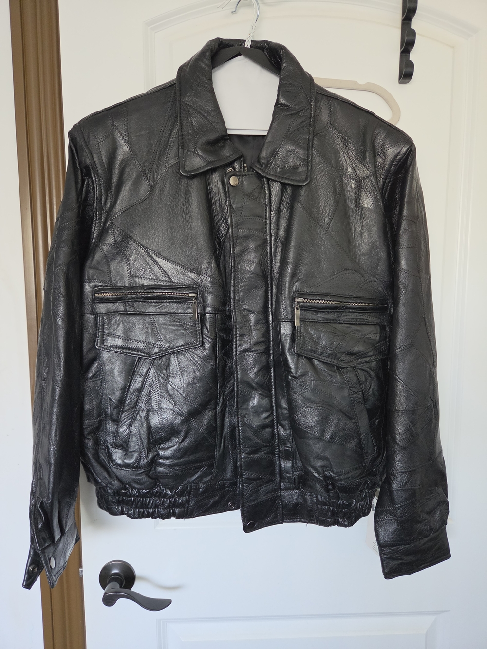 Men's Black Leather Bomber Jacket with Front Zip Pockets